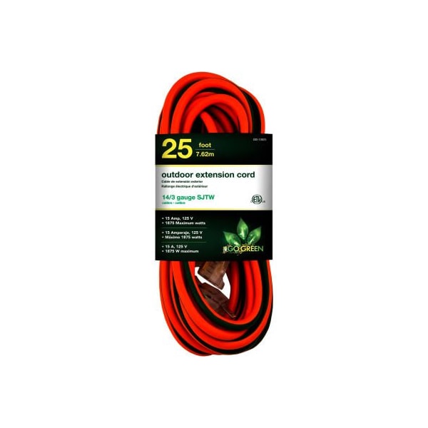 Gogreen SJTW Extension Cord, 14 AWG, Outdoor, 14/3, 1 Outlets, Green/Orange, 25 ft GG-13825 - main